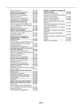 EC-4
Diagrama eléctrico ............................. EC-244
Procedimiento de diagnóstico ............ EC-245
...................
Descripción de componentes ............ EC-249
Diagrama eléctrico ............................. EC-250
Procedimiento de diagnóstico ........... EC-251
Inspección de los componentes ........ EC-251
..............
Descripción de componentes ............ EC-255
Valor de referencia del CONSULT-II
en la modalidad de monitor de datos EC-255
Diagrama eléctrico ............................. EC-256
Procedimiento de diagnóstico ........... EC-258
Valor de referencia del Consult-II en la
modalidad monitor datos ................... EC-260
Diagrama Eléctrico ............................. EC-261
Procedimiento de diagnóstico ............ EC-262
Descripción de componentes ............. EC-269
Valores de referencia en el modo monitor
datos en el CONSULT-II..................... EC-269
Diagrama Eléctrico ............................. EC-270
Procedimiento de diagnóstico ............ EC-271
Descripción de componentes ............. EC-273
Diagrama Eléctrico ............................. EC-274
Procedimiento de diagnóstico ............ EC-275
Diagrama Eléctrico ............................ EC-278
Inspección y ajuste de la leva de marcha
mínima rápida..................................... EC-279
Descripción del sistema ..................... EC-282
Inspección de los componentes ......... EC-284
Decripción .......................................... EC-284
SEÑAL DE ENCENDIDO EC-249
CIRCUITO DEL INYECTOR EC-255
SEÑAL DE ARRANQUE.................... EC-260
Interruptor de presión de aceite de la
dirección hidráulica.......................... EC-269
Válvula solenoide IAC-FICD ........... EC-273
Conector de enlace de datos........... EC-278
Sistema de Control de Emisiones
Evaporativas .................................... EC-282
Ventilación Positiva del Cárter........ EC-284
Válvula PCV ...................................... EC-284
Sistema de Convertidor Catalítico .. EC-286
CIRCUITO DE LA BOMBA DE
COMBUSTIBLE ................................ EC-264
SEÑAL DE CARGA ELECTRICA...... EC-287
Descripción ........................................EC-264
Valor de referencia del CONSULT-II en
la modalidad de monitor de datos ......EC-264
Diagrama eléctrico .............................EC-265
Procedimiento de diagnóstico ............EC-266
Descripción .........................................EC-287
Valor de referencia del CONSULT-II
en la modalidad de monitor de datos .EC-287
Diagrama eléctrico .............................EC-288
Procedimiento de diagnóstico ............EC-289
DATOS Y ESPECIFICACIONES DE
SERVICIO (DES) EC-292...............................
Presión del combustible .....................EC-292
Velocidad de marcha mínima (ralentí)
y tiempo de encendido .......................EC-292
Valor de carga calculado ....................EC-292
Medidor masa caudal aire ..................EC-292
Sensor de temperatura del aire de
admisión .............................................EC-293
Sensor de temperatura del agua de
enfriamiento del motor .......................EC-293
Calentador del sensor 1 de oxígeno
calentado ............................................EC-292
Calentador del sensor 2 de oxígeno
calentado ............................................EC-293
Sensor de posición del cigüeñal
(POS) .................................................EC-293
Sensor de posición del árbol de levas
(FASE) ................................................EC-292
Inyector ..............................................EC-292
Bomba de combustible .......................EC-292
 