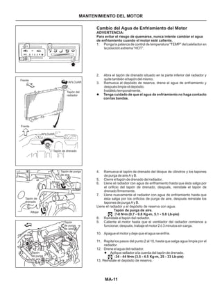 MA-11
MANTENIMIENTO DEL MOTOR
Cambio del Agua de Enfriamiento del Motor
1. Ponga la palanca de control de temperatura “TEMP” del calefactor en
la posición extrema “HOT”.
2. Abra el tapón de drenado situado en la parte inferior del radiador y
quite también el tapón del mismo.
3. Remueva el depósito de reserva, drene el agua de enfriamiento y
después limpie el depósito.
Instálelo temporalmente.
4. Remueva el tapón de drenado del bloque de cilindros y los tapones
de purga de aire A y B.
5. Cierre el tapón de drenado del radiador.
6. Llene el radiador con agua de enfriamiento hasta que ésta salga por
el orificio del tapón de drenado, después, reinstale el tapón de
drenado firmemente.
7. Llene nuevamente el radiador con agua de enfriamiento hasta que
ésta salga por los orificios de purga de aire, después reinstale los
tapones de purga A y B.
8. Reinstale el tapón del radiador.
9. Caliente el motor hasta que el ventilador del radiador comience a
funcionar, después, trabaje el motor 2 ó 3 minutos sin carga.
10. Apague el motor y deje que el agua se enfríe.
11. Repita los pasos del punto 2 al 10, hasta que salga agua limpia por el
radiador.
12. Drene el agua del radiador.
Aplique sellador a la cuerda del tapón de drenado.
l
l
Tenga cuidado de que el agua de enfriamiento no haga contacto
con las bandas.
ADVERTENCIA:
Para evitar el riesgo de quemarse, nunca intente cambiar el agua
de enfriamiento cuando el motor esté caliente.
Tapón de purga de aire.
:7-8 N•m (0.7 - 0.8 Kg-m, 5.1 - 5.8 Lb-pie)
:34 - 44 N•m (3.5 - 4.5 Kg-m, 25 - 33 Lb-pie)
Llene el radiador y el depósito de reserva con agua.
13. Reinstale el depósito de reserva.
Frente
AFLOJAR
Tapón del
radiador
Frente
AFLOJAR
Tapón de drenado
Tapón de purga
de aire
Aflojar
Aflojar
Tapón de
drenado
Tapón
de purga
de aire
Tapón
de purga
de aire
B
A
A
 