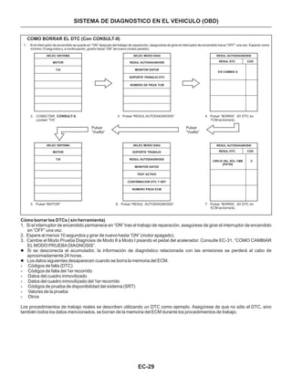 EC-29
COMO BORRAR EL DTC (Con CONSULT-II)
1. Si el interruptor de encendido se queda en “ON” después del trabajo de reparación, asegurarse de girar el interruptor de encendido hacia “OFF” una vez. Esperar como
mínimo 10 segundos y, a continuación, girarlo hacia “ON” de nuevo (motor parado).
2. CONECTAR. ,
y pulsar “T/A”.
CONSULT-II 4. Pulsar “BORRA”. (El DTC en
TCM se borrará).
7. Pulsar “BORRA”. (El DTC en
ECM se borrará).
3. Pulsar “RESUL AUTODIAGNOSIS”
5. Pulsar “MOTOR” 6. Pulsar “RESUL AUTODIAGNOSIS”.
SELEC SISTEMA
SELEC SISTEMA SELEC MODO DIAG
SELEC MODO DIAG RESUL AUTODIAGNOSIS
RESUL AUTODIAGNOSIS
MOTOR
MOTOR SOPORTE TRABAJO
RESUL AUTODIAGNOSIS RESUL DTC
RESUL DTC
COD
COD
T/A
T/A RESUL AUTODIAGNOSIS
MONITOR DATOS
TEST ACTIVO
CONFIRMACION DTC Y SRT
NÚMERO PIEZA ECM
MONITOR DATOS
V/S CAMBIO A
CIRC/A VAL SOL CMB
[P0750]
SOPORTE TRABAJO DTC
NÚMERO DE PIEZA TCM
0
Pulsar
“Vuelta”
Pulsar
“Vuelta”
Cómo borrar los DTCs ( sin herramienta)
1. Si el interruptor de encendido permanece en “ON” tras el trabajo de reparación, asegúrese de girar el interruptor de encendido
en “OFF” una vez.
2. Espere al menos 10 segundos y girar de nuevo hasta “ON” (motor apagado).
3. Cambie el Modo Prueba Diagnosis de Modo II a Modo I pisando el pedal del acelerador. Consulte EC-31, “COMO CAMBIAR
EL MODO PRUEBA DIAGNOSIS”.
Los procedimientos de trabajo reales se describen utilizando un DTC como ejemplo. Asegúrese de que no sólo el DTC, sino
también todos los datos mencionados, se borran de la memoria del ECM durante los procedimientos de trabajo.
l
l
Si se desconecta el acumulador, la información de diagnóstico relacionada con las emisiones se perderá al cabo de
aproximadamente 24 horas.
Los datos siguientes desaparecen cuando se borra la memoria del ECM.
Códigos de falla (DTC)
Códigos de falla del 1er recorrido
Datos del cuadro inmovilizado
Datos del cuadro inmovilizado del 1er recorrido
Códigos de prueba de disponibilidad del sistema (SRT)
Valores de la prueba
Otros
»
»
»
»
»
»
»
SISTEMA DE DIAGNOSTICO EN EL VEHICULO (OBD)
 