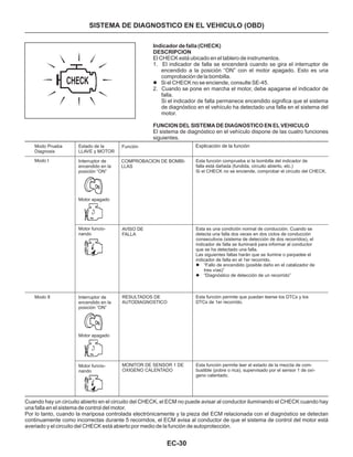 EC-30
SISTEMA DE DIAGNOSTICO EN EL VEHICULO (OBD)
Indicador de falla (CHECK)
DESCRIPCION
FUNCION DEL SISTEMA DE DIAGNOSTICO EN EL VEHICULO
El CHECK está ubicado en el tablero de instrumentos.
1. El indicador de falla se encenderá cuando se gira el interruptor de
encendido a la posición “ON” con el motor apagado. Esto es una
comprobación de la bombilla.
2. Cuando se pone en marcha el motor, debe apagarse el indicador de
falla.
Si el indicador de falla permanece encendido significa que el sistema
de diagnóstico en el vehículo ha detectado una falla en el sistema del
motor.
El sistema de diagnóstico en el vehículo dispone de las cuatro funciones
siguientes.
l Si el CHECK no se enciende, consulte SE-45.
FunciónModo Prueba
Diagnosis
Modo I
Modo II
Estado de la
LLAVE y MOTOR
Interruptor de
encendido en la
posición “ON”
Motor apagado
Motor funcio-
nando
Interruptor de
encendido en la
posición “ON”
Motor apagado
Motor funcio-
nando
MONITOR DE SENSOR 1 DE
OXIGENO CALENTADO
RESULTADOS DE
AUTODIAGNOSTICO
AVISO DE
FALLA
COMPROBACION DE BOMBI-
LLAS
Explicación de la función
Esta función comprueba si la bombilla del indicador de
falla está dañada (fundida, circuito abierto, etc.)
Si el CHECK no se enciende, comprobar el circuito del CHECK.
Esta es una condición normal de conducción. Cuando se
detecta una falla dos veces en dos ciclos de conducción
consecutivos (sistema de detección de dos recorridos), el
indicador de falla se iluminará para informar al conductor
que se ha detectado una falla.
Las siguientes fallas harán que se ilumine o parpadee el
indicador de falla en el 1er recorrido.
l
l
“Fallo de encendido (posible daño en el catalizador de
tres vías)”
“Diagnóstico de detección de un recorrido”
Esta función permite que puedan leerse los DTCs y los
DTCs de 1er recorrido.
Esta función permite leer el estado de la mezcla de com-
bustible (pobre o rica), supervisado por el sensor 1 de oxí-
geno calentado.
Cuando hay un circuito abierto en el circuito del CHECK, el ECM no puede avisar al conductor iluminando el CHECK cuando hay
una falla en el sistema de control del motor.
Por lo tanto, cuando la mariposa controlada electrónicamente y la pieza del ECM relacionada con el diagnóstico se detectan
continuamente como incorrectas durante 5 recorridos, el ECM avisa al conductor de que el sistema de control del motor está
averiado y el circuito del CHECK está abierto por medio de la función de autoprotección.
CHECK
 