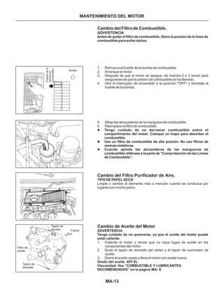 Cambio del Filtro de Combustible.
Cambio del Filtro Purificador de Aire.
Cambio de Aceite del Motor
1. Remueva el fusible de la bomba de combustible.
2. Arranque el motor.
3. Después de que el motor se apague, de marcha 2 ó 3 veces para
asegurarse de que la presión de combustible se ha liberado.
4. Gire el interruptor de encendido a la posición "OFF" y reinstale el
fusible de la bomba.
5. Afloje las abrazaderas de la manguera de combustible.
6. Reemplace el filtro de combustible.
1. Caliente el motor y revise que no haya fugas de aceite en los
componentes del motor.
2. Quite el tapón de drenado del cárter y el tapón de suministro de
aceite.
3. Drene el aceite usado y llene el motor con aceite nuevo.
l
l
l
Tenga cuidado de no derramar combustible sobre el
compartimiento del motor. Coloque un trapo para absorber el
combustible.
Use un filtro de combustible de alta presión. No use filtros de
resinas sintéticas.
Cuando apriete las abrazaderas de las mangueras de
combustible refiérase a la parte de “Comprobación de las Líneas
de Combustible”.
ADVERTENCIA
Antes de quitar el filtro de combustible, libere la presión de la línea de
combustible para evitar daños.
TIPO DE PAPEL SECO
ADVERTENCIA
Tenga cuidado de no quemarse, ya que el aceite del motor puede
estar caliente.
Limpie o cambie el elemento más a menudo cuando se conduzca por
lugares con mucho polvo.
Grado del aceite: API SL
Viscosidad: Vea “COMBUSTIBLE Y LUBRICANTES
RECOMENDADOS” en la página MA- 9.
MA-13
MANTENIMIENTO DEL MOTOR
Arriba
Fusibledela
bombade
combustible
Tapón de
drenado
Filtro de
aceite
Tapón de
llenado Frente
 
