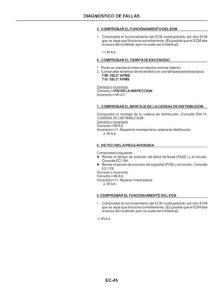 EC-45
DIAGNOSTICO DE FALLAS
5. COMPROBAR EL FUNCIONAMIENTO DEL ECM
6. COMPROBAR EL TIEMPO DE ENCENDIDO
T/M: 10± 2° APMS
T/A: 10± 2° APMS
FIN DE LA INSPECCION
7. COMPROBAR EL MONTAJE DE LA CADENA DE DISTRIBUCION
8. DETECTAR LA PIEZA AVERIADA
9. COMPROBAR EL FUNCIONAMIENTO DEL ECM
1. Compruebe el funcionamiento del ECM sustituyéndolo por otro ECM
que se sepa que funciona correctamente. (Es posible que el ECM sea
la causa del incidente, pero no suele ser lo habitual).
>> IR A 4.
1. Poner en marcha el motor en marcha mínima (ralentí).
2. Compruebe el tiempo de encendido con una lámpara estroboscópica.
Correcto>>
Incorrecto>>IR A 7.
Compruebe el montaje de la cadena de distribución. Consulte EM-14,
“CADENA DE DISTRIBUCION”.
Correcto>>IR A 8.
Incorrecto>>1. Reparar el montaje de la cadena de distribución.
2. IR A 4.
Correcto o incorrecto
Correcto>>IR A 9.
Incorrecto>>1. Reparar o reemplazar.
2. IR A 4.
1. Compruebe el funcionamiento del ECM sustituyéndolo por otro ECM
que se sepa que funciona correctamente. (Es posible que el ECM sea
la causa del incidente, pero no suele ser lo habitual).
>> IR A 4.
Correcto o incorrecto
Correcto o incorrecto
Compruebe lo siguiente.
Revise el sensor de posición del árbol de levas (FASE) y el circuito.
Consulte EC-184.
Revise el sensor de posición del cigüeñal (POS) y el circuito. Consulte
EC-178.
l
l
 