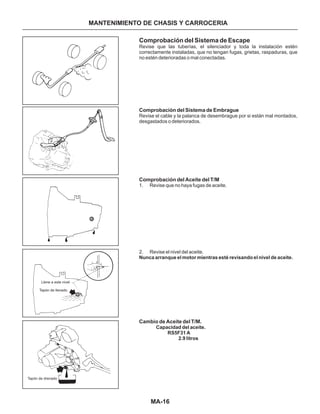 MA-16
MANTENIMIENTO DE CHASIS Y CARROCERIA
Comprobación del Sistema de Escape
1. Revise que no haya fugas de aceite.
2. Revise el nivel del aceite.
Revise que las tuberías, el silenciador y toda la instalación estén
correctamente instaladas, que no tengan fugas, grietas, raspaduras, que
no estén deterioradas o mal conectadas.
Revise el cable y la palanca de desembrague por si están mal montados,
desgastados o deteriorados.
Comprobación del Sistema de Embrague
Comprobación del Aceite del T/M
Cambio de Aceite del T/M.
Nunca arranque el motor mientras esté revisando el nivel de aceite.
Capacidad del aceite.
RS5F31 A
2.9 litros
Llene a este nivel
Tapón de llenado
Tapón de drenado
 