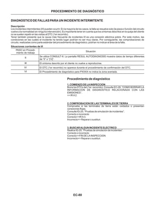 EC-80
PROCEDIMIENTO DE DIAGNÓSTICO
DIAGNOSTICO DE FALLAS PARA UN INCIDENTE INTERMITENTE
Descripción
Los incidentes intermitentes (I/I) pueden ocurrir. En la mayoría de los casos, la falla se resuelve solo (la pieza o función del circuito
vuelve a la normalidad sin ninguna intervención). Es importante tener en cuenta que los síntomas descritos en la queja del cliente
no se suelen repetir en las visitas al DTC (1er recorrido).
Tener también presente que la causa más frecuente de incidentes I/I es una conexión eléctrica pobre. Por este motivo, las
condiciones en las cuales el incidente ha tenido lugar podrían no ser muy claras. Por consiguiente, las comprobaciones de
circuito, realizadas como parte estándar del procedimiento de diagnóstico, podrían no indicar el área de la falla.
PASO en Procedi-
miento de trabajo
II
III
IV
VI
Situaciones corrientes de I/I
Se utiliza CONSULT-II. La pantalla RESUL AUTODIAGNOSIS muestra datos de tiempo diferentes
de “0” o “[1t]”.
El síntoma descrito por el cliente no vuelve a reproducirse.
El DTC (1er recorrido) no aparece durante el procedimiento de confirmación del DTC.
El Procedimiento de diagnóstico para PXXXX no indica la zona averiada.
Situación
Procedimiento de diagnóstico
1. COMIENZO DE LA INSPECCION
2. COMPROBACION DE LAS TERMINALES DE TIERRA
3. BUSCAR ALGUN INCIDENTE ELECTRICO
Borre los DTCs del (1er. recorrido). Consulte EC-28, “COMO BORRAR LA
INFORMACION DE DIAGNOSTICO RELACIONADA CON LAS
EMISIONES”.
>> IR A 2.
Compruebe si las terminales de tierra están oxidados o presentan
conexiones flojas.
Consulte IG-20, “Pruebas de simulación de incidentes”.
Correcto o incorrecto
Correcto>>IR A 3.
Incorrecto>> Reparar o sustituir.
Realice IG-20, “Pruebas de simulación de incidentes”.
Correcto o incorrecto
Correcto>>FIN DE LA INSPECCION
Incorrecto>> Reparar o sustituir.
 