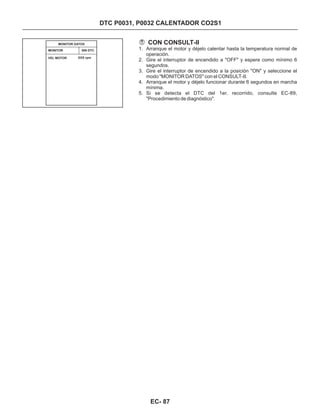 DTC P0031, P0032 CALENTADOR CO2S1
CON CONSULT-II
1. Arranque el motor y déjelo calentar hasta la temperatura normal de
operación.
2. Gire el interruptor de encendido a "OFF" y espere como mínimo 6
segundos.
3. Gire el interruptor de encendido a la posición "ON" y seleccione el
modo "MONITOR DATOS" con el CONSULT-II.
4. Arranque el motor y déjelo funcionar durante 6 segundos en marcha
mínima.
5. Si se detecta el DTC del 1er. recorrido, consulte EC-89,
"Procedimiento de diagnóstico".
MONITOR SIN DTC
MONITOR DATOS
VEL MOTOR XXX rpm
EC- 87
 
