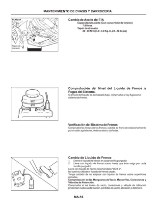 MA-18
Cambio de Aceite del T/A
Comprobación del Nivel del Líquido de Frenos y
Fugas del Sistema.
Capacidad de aceite (Con convertidor de torsión)
7.0 litros
Tapón de drenado
29 - 39 N•m (3.0 - 4.0 Kg-m, 22 - 29 lb-pie)
Comprobación de las Mangueras de Vacío, Master Vac, Conexiones y
Válvulas de Retención.
Si el nivel del líquido es demasiado bajo, compruebe si hay fugas en el
sistema de frenos.
Compruebe las líneas de los frenos y cables de freno de estacionamiento
por si están agrietadas, deterioradas o dañadas.
Llene con líquido de frenos recomendado "DOT 3".
No vuelva a utilizar el líquido de frenos usado.
Tenga cuidado de no salpicar con líquido de frenos sobre superficies
pintadas.
Compruebe si las líneas de vacío, conexiones y válvula de retención
presentan inadecuada fijación, pérdidas de vacío, abrasión o deterioro.
Verificación del Sistema de Frenos
Cambio de Líquido de Frenos
1. Drene el líquido de frenos en cada tornillo purgador.
2. Llene con líquido de frenos nuevo hasta que éste salga por cada
tornillo purgador.
RL4F03A
Tapón de
drenado
MANTENIMIENTO DE CHASIS Y CARROCERIA
 