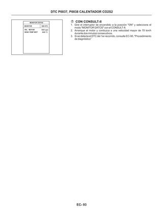 CON CONSULT-II
1. Gire el interruptor de encendido a la posición "ON" y seleccione el
modo "MONITOR DATOS" con el CONSULT-II.
2. Arranque el motor y conduzca a una velocidad mayor de 70 km/h
durante dos minutos consecutivos.
3. Si se detecta el DTC del 1er recorrido, consulte EC-95, "Procedimiento
de diagnóstico”
MONITOR SIN DTC
MONITOR DATOS
VEL MOTOR
SENS TEMP MOT
XXX rpm
XXX °C
DTC P0037, P0038 CALENTADOR CO2S2
EC- 93
 