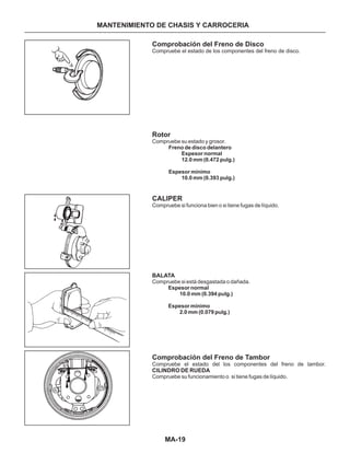 MA-19
Comprobación del Freno de Disco
Rotor
CALIPER
Comprobación del Freno de Tambor
Compruebe el estado de los componentes del freno de disco.
BALATA
Compruebe su estado y grosor.
Compruebe si funciona bien o si tiene fugas de líquido.
Compruebe si está desgastada o dañada.
Compruebe el estado del los componentes del freno de tambor.
Compruebe su funcionamiento o si tiene fugas de líquido.
Freno de disco delantero
Espesor normal
12.0 mm (0.472 pulg.)
Espesor mínimo
10.0 mm (0.393 pulg.)
Espesor normal
10.0 mm (0.394 pulg.)
Espesor mínimo
2.0 mm (0.079 pulg.)
CILINDRO DE RUEDA
MANTENIMIENTO DE CHASIS Y CARROCERIA
 