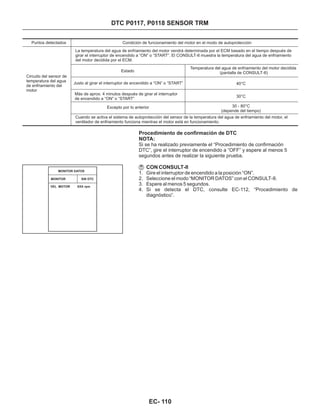 Procedimiento de confirmación de DTC
NOTA:
Si se ha realizado previamente el “Procedimiento de confirmación
DTC”, gire el interruptor de encendido a “OFF” y espere al menos 5
segundos antes de realizar la siguiente prueba.
CON CONSULT-II
1. Gire el interruptor de encendido a la posición “ON”.
2. Seleccione el modo “MONITOR DATOS” con el CONSULT-II.
3. Espere al menos 5 segundos.
4. Si se detecta el DTC, consulte EC-112, “Procedimiento de
diagnóstico”.
DTC P0117, P0118 SENSOR TRM
Puntos detectados
Circuito del sensor de
temperatura del agua
de enfriamiento del
motor
Condición de funcionamiento del motor en el modo de autoprotección
La temperatura del agua de enfriamiento del motor vendrá determinada por el ECM basado en el tiempo después de
girar el interruptor de encendido a “ON” o “START”. El CONSULT-II muestra la temperatura del agua de enfriamiento
del motor decidida por el ECM.
Estado
Justo al girar el interruptor de encendido a “ON” o “START”
Más de aprox. 4 minutos después de girar el interruptor
de encendido a “ON” o “START”
Excepto por lo anterior
Cuando se activa el sistema de autoprotección del sensor de la temperatura del agua de enfriamiento del motor, el
ventilador de enfriamiento funciona mientras el motor está en funcionamiento.
Temperatura del agua de enfriamiento del motor decidida
(pantalla de CONSULT-II)
40°C
30°C
30 - 80°C
(depende del tiempo)
MONITOR SIN DTC
MONITOR DATOS
VEL MOTOR XXX rpm
EC- 110
 