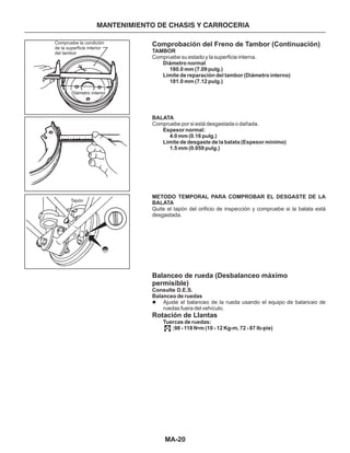MA-20
MANTENIMIENTO DE CHASIS Y CARROCERIA
Comprobación del Freno de Tambor (Continuación)
Balanceo de rueda (Desbalanceo máximo
permisible)
Rotación de Llantas
Consulte D.E.S.
l Ajuste el balanceo de la rueda usando el equipo de balanceo de
ruedas fuera del vehículo.
TAMBOR
Diámetro normal
180.0 mm (7.09 pulg.)
Límite de reparación del tambor (Diámetro interno)
181.0 mm (7.12 pulg.)
BALATA
Espesor normal:
4.0 mm (0.16 pulg.)
Límite de desgaste de la balata (Espesor mínimo)
1.5 mm (0.059 pulg.)
METODO TEMPORAL PARA COMPROBAR EL DESGASTE DE LA
BALATA
Balanceo de ruedas
Tuercas de ruedas:
:98 - 118 N•m (10 - 12 Kg-m, 72 - 87 lb-pie)
Compruebe su estado y la superficie interna.
Compruebe por si está desgastada o dañada.
Quite el tapón del orificio de inspección y compruebe si la balata está
desgastada.
Compruebe la condición
de la superficie interior
del tambor
Diámetro interior
Tapón
 