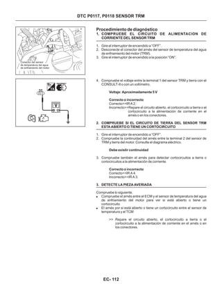 Conector del sensor
de temperatura del agua
de enfriamiento del motor
Procedimiento de diagnóstico
1. COMPRUEBE EL CIRCUITO DE ALIMENTACION DE
CORRIENTE DEL SENSOR TRM
1. Gire el interruptor de encendido a “OFF”.
2. Desconecte el conector del arnés del sensor de temperatura del agua
de enfriamiento del motor (TRM).
3. Gire el interruptor de encendido a la posición “ON”.
4. Compruebe el voltaje entre la terminal 1 del sensor TRM y tierra con el
CONSULT-II o con un voltímetro.
1. Gire el interruptor de encendido a “OFF”.
2. Compruebe la continuidad del arnés entre la terminal 2 del sensor de
TRM y tierra del motor. Consulte el diagrama eléctrico.
3. Compruebe también el arnés para detectar cortocircuitos a tierra o
cortocircuitos a la alimentación de corriente.
Correcto>>IR A 2.
Incorrecto>>Repare el circuito abierto, el cortocircuito a tierra o el
cortocircuito a la alimentación de corriente en el
arnés o en los conectores.
Correcto>>IR A 4.
Incorrecto>>IR A 3.
Compruebe lo siguiente.
Compruebe el arnés entre el ECM y el sensor de temperatura del agua
de enfriamiento del motor para ver si está abierto o tiene un
cortocircuito
El arnés por si está abierto o tiene un cortocircuito entre el sensor de
temperatura y el TCM
>> Repare el circuito abierto, el cortocircuito a tierra o el
cortocircuito a la alimentación de corriente en el arnés o en
los conectores.
Voltaje: Aproximadamente 5 V
Correcto o incorrecto
Debe existir continuidad
Correcto o incorrecto
2. COMPRUEBE SI EL CIRCUITO DE TIERRA DEL SENSOR TRM
ESTA ABIERTO O TIENE UN CORTOCIRCUITO
3. DETECTE LA PIEZA AVERIADA
!
!
DTC P0117, P0118 SENSOR TRM
EC- 112
 