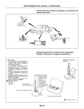 Compruebe si el
retractor funciona bien.
Cinturón de seguridad delantero
Cinturón de seguridad trasero
Compruebe el
funcionamiento
de las hebillas
y lengüetas cuando
está enganchado
y suelto
Compruebe si los
cinturones están
dañados.
Compruebe si la montura
de los anclajes está floja
MA-22
MANTENIMIENTO DE CHASIS Y CARROCERIA
Lubricación de cerraduras, bisagras y mecanismo de
apertura del cofre
Comprobación de los cinturones de seguridad,
hebillas, retractores, anclajes y ajustadores
PRECAUCION:
1.Si el vehículo se ha colisionado o
volcado, reemplace todo el conjunto de
cinturones, sin tener en cuenta la
naturaleza del accidente.
2.Si el estado de alguno de los
componentes del cinturón de
seguridad es dudoso, no reemplace
sólo dicho componente, sino todo el
cinturón.
3.Si la correa está cortada, deshilachada
o donada, reemplace el conjunto del
cinturón.
4.No derrame bebidas, aceite, etc., en la
hebilla del cinturón. No eche aceite a la
lengüeta o a la hebilla.
5.Use el conjunto de cinturón de
seguridad genuino de NISSAN.
:Perno de anclaje.
45 - 55
(4.4 - 5.6,
32 - 41)
: N•m (kg-m, lb-pie)
Cinturón de seguridad
delantero
 