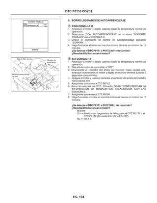 5. BORRE LOS DATOS DE AUTOAPRENDIZAJE
1. Arranque el motor y déjelo calentar hasta la temperatura normal de
operación.
2. Seleccione “CON AUTOAPRENDIZAJE” en el modo “SOPORTE
TRABAJO” con el CONSULT-II.
3. Limpie el coeficiente de control de autoaprendizaje pulsando
“BORRAR”.
4. Haga funcionar el motor en marcha mínima durante un mínimo de 10
minutos.
1. Arranque el motor y déjelo calentar hasta la temperatura normal de
operación.
2. Gire el interruptor de encendido a “OFF”.
3. Desconecte el conector del arnés del medidor masa caudal aire,
arranque nuevamente el motor y déjelo en marcha mínima durante 5
segundos como mínimo.
4. Apague el motor y vuelva a conectar el conector del arnés del medidor
masa caudal aire.
5. Asegúrese que aparece DTC P0102.
6. Borre la memoria del DTC. Consulte EC-28, “COMO BORRAR LA
INFORMACION DE DIAGNOSTICO RELACIONADA CON LAS
EMISIONES”.
7. Asegúrese que aparece DTC P0000.
8. Haga funcionar el motor en marcha mínima al menos un mínimo de 10
minutos.
¿Se detecta el DTC P0171 o P0172 del 1er recorrido?
¿Resulta difícil arrancar el motor?
¿Se detecta el DTC P0171 o P0172 DEL 1er recorrido?
¿Resulta difícil arrancar el motor?
Sí >> Realizar un diagnóstico de fallas para el DTC P0171 o el
DTC P0172 (Consulte EC-162 o EC-167).
No >> IR A 6.
CON CONSULT-II
Sin CONSULT-II
Sí o no
DTC P0133 CO2S1
CON
AUTOAPRENDISAJE
SOPORTE TRABAJO
BORRA
B1
100%
EC- 134
Cámara de
aceleración
Bajo el filtro de aire
Medidor masa caudal
de aire
 