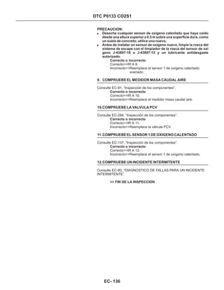 PRECAUCION:
Correcto>>IR A 9.
Incorrecto>>Reemplace el sensor 1 de oxígeno calentado
averiado.
Consulte EC-91, “Inspección de los componentes”.
Correcto>>IR A 10.
Incorrecto>>Reemplace el medidor masa caudal aire.
Consulte EC-284. “Inspección de los componentes”.
Correcto>>IR A 11.
Incorrecto>>Reemplace la válvula PCV.
Consulte EC-137, “Inspección de los componentes”.
Correcto>>IR A 12.
Incorrecto>>Reemplace el sensor 1 de oxígeno calentado.
Consulte EC-80, “DIAGNOSTICO DE FALLAS PARA UN INCIDENTE
INTERMITENTE”.
Correcto o incorrecto
Correcto o incorrecto
Correcto o incorrecto
Correcto o incorrecto
>> FIN DE LA INSPECCION
!
!
Deseche cualquier sensor de oxígeno calentado que haya caído
desde una altura superior a 0.5 m sobre una superficie dura, como
un suelo de concreto; utilice uno nuevo.
Antes de instalar un sensor de oxígeno nuevo, limpie la rosca del
sistema de escape con el limpiador de la rosca del sensor de oxí
geno J-43897-18 o J-43897-12 y un lubricante antidesgaste
autorizado.
9. COMPRUEBE EL MEDIDOR MASA CAUDAL AIRE
10.COMPRUEBE LA VALVULA PCV
11.COMPRUEBE EL SENSOR 1 DE OXIGENO CALENTADO
12.COMPRUEBE UN INCIDENTE INTERMITENTE
DTC P0133 CO2S1
EC- 136
 