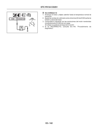 Sin CONSULT-II
1. Arranque el motor y déjelo calentar hasta la temperatura normal de
operación.
2. Ajuste las sondas de voltímetro entre el terminal 50 del ECM (señal de
CO2S1) y tierra del motor.
3. Compruebe lo siguiente con las revoluciones del motor mantenidas
constantemente a 2.000 rpm sin carga.
El voltaje no queda en el rango de 0.2 a 0.4V.
4. Si es INCORRECTO, consulte EC-144, “Procedimiento de
diagnóstico”.
DTC P0134 CO2S1
50
EC- 142
 