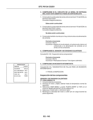 3. COMPRUEBE SI EL CIRCUITO DE LA SEÑAL DE ENTRADA
DEL
4. COMPRUEBE EL SENSOR 1 DE OXIGENO CALENTADO
1. Compruebe la continuidad del arnés entre la terminal 119 del ECM y la
terminal 3 del CO2S1.
Consulte el diagrama eléctrico.
2. Compruebe la continuidad del arnés entre la terminal 119 del ECM o la
terminal 3 del CO2S1 y tierra.
Consulte el diagrama eléctrico.
3. Compruebe también el arnés por si hay cortocircuitos a la alimentación
de corriente.
1. Conecte todos los conectores.
2. Arranque el motor y déjelo calentar hasta la temperatura normal de
operación.
3. Seleccione “DISP MANU” y ajuste “PUNTO DISPA” al 100% en el
modo de “MONITOR DATOS” con el CONSULT-II.
4. Seleccione “CO2S1 (B1)” y “M S O2 C1 (B1)”.
5. Mantenga la velocidad del motor a 2,000 rpm sin carga durante los
pasos siguientes.
CO2S1 ESTA ABIERTO O TIENE UN CORTOCIRCUITO
5. COMPRUEBE UN INCIDENTE INTERMITENTE
Inspección de los componentes
SENSOR 1 DE OXIGENO CALENTADO
CON CONSULT-II
Correcto>>IR A 4.
Incorrecto>>Repare el circuito abierto, el cortocircuito a tierra o el
cortocircuito a la alimentación de corriente en el
arnés o en los conectores.
Consulte EC-145, “Inspección de los componentes”.
Correcto>>IR A 5.
Incorrecto>>Reemplace el sensor 1 de oxígeno calentado.
Consulte EC-115, “DIAGNOSTICO DE FALLAS PARA UN INCIDENTE
INTERMITENTE”.
>> FIN DE LA INSPECCION
Debe existir continuidad
No debe existir continuidad.
Correcto o incorrecto
Correcto o incorrecto
MONITOR SIN DTC
MONITOR DATOS
VEL MOTOR XXX rpm
XXX V
XXX V
XXX°C
DTC P0134 CO2S1
SE FL AIRE MASA-B1
SENS TEMP MOTOR
CO2S1 (B1)
M S O2 C1(B1) POBRE
EC- 145
 