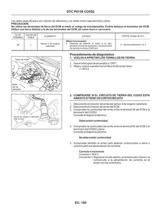 DTC P0138 CO2S2
Procedimiento de diagnóstico
1. VUELVA A APRETAR LOS TORNILLOS DE TIERRA
2. COMPRUEBE SI EL CIRCUITO DE TIERRA DEL CO2S2 ESTA
ABIERTO O TIENE UN CORTOCIRCUITO
1. Gire el interruptor de encendido a “OFF”.
2. Afloje y vuelva a apretar los tornillos de tierra del motor.
1. Desconecte el conector del arnés del sensor 2 de oxígeno calentado.
2. Desconecte el conector del arnés del ECM.
3. Compruebe la continuidad del arnés entre la terminal 56 del ECM y la
terminal 2 del CO2S2.
Consulte el diagrama eléctrico.
4. Compruebe la continuidad del arnés entre la terminal 56 del ECM o la
terminal 2 del CO2S2 y tierra.
Consulte el diagrama eléctrico.
5. Compruebe también el arnés para detectar cortocircuitos a tierra o
cortocircuitos a la alimentación de corriente.
Debe existir continuidad
No debe existir continuidad
Correcto o incorrecto
Correcto>> IR A 3.
Incorrecto>> Repare el circuito abierto, el cortocircuito a tierra o el
cortocircuito a la alimentación de corriente en el
arnés o en los conectores.
>> IR A 2.
Los datos especificados son valores de referencia y se miden entre cada terminal y tierra.
PRECAUCION:
No utilice las terminales de tierra del ECM al medir el voltaje de entrada/salida. Podría dañarse el transistor del ECM.
Utilice una tierra distinta a la de las terminales del ECM, tal como tierra a carrocería.
Nº DE
TERMINAL
COLOR DE
CABLE
ELEMENTO DATOS (Voltaje de CC)
56 L
Sensor 2 de oxígeno
calentado
ESTADO
[Motor funcionando]
! Después de calentar el motor a su tem-
peratura normal de operación y revolucionarlo
de marcha mínima a 3,000 rpm
0 - Aproximadamente 1,0 V
EC- 150
Tierra de motor
Múlti-
ple de
admisión
Sensor de oxigeno 2 calentado
(bajo el piso)
 