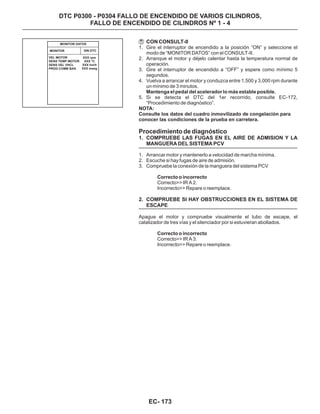 CON CONSULT-II
1. COMPRUEBE LAS FUGAS EN EL AIRE DE ADMISION Y LA
MANGUERA DEL SISTEMA PCV
2. COMPRUEBE SI HAY OBSTRUCCIONES EN EL SISTEMA DE
ESCAPE
1. Gire el interruptor de encendido a la posición “ON” y seleccione el
modo de “MONITOR DATOS” con el CONSULT-II.
2. Arranque el motor y déjelo calentar hasta la temperatura normal de
operación.
3. Gire el interruptor de encendido a “OFF” y espere como mínimo 5
segundos.
4. Vuelva a arrancar el motor y conduzca entre 1,500 y 3,000 rpm durante
un mínimo de 3 minutos.
5. Si se detecta el DTC del 1er recorrido, consulte EC-172,
“Procedimiento de diagnóstico”.
1. Arrancar motor y mantenerlo a velocidad de marcha mínima.
2. Escuche si hay fugas de aire de admisión.
3. Compruebe la conexión de la manguera del sistema PCV
Mantenga el pedal del acelerador lo más estable posible.
Consulte los datos del cuadro inmovilizado de congelación para
conocer las condiciones de la prueba en carretera.
Correcto o incorrecto
Correcto o incorrecto
Procedimiento de diagnóstico
Correcto>> IR A 2.
Incorrecto>> Repare o reemplace.
Apague el motor y compruebe visualmente el tubo de escape, el
catalizador de tres vías y el silenciador por si estuvieran abollados.
Correcto>> IR A 3.
Incorrecto>> Repare o reemplace.
NOTA:
DTC P0300 - P0304 FALLO DE ENCENDIDO DE VARIOS CILINDROS,
FALLO DE ENCENDIDO DE CILINDROS Nº 1 - 4
MONITOR SIN DTC
MONITOR DATOS
VEL MOTOR XXX rpm
SENS TEMP MOTOR
SENS VEL VHCL
PROG COMB BAS
XXX °C
XXX km/h
XXX mseg
EC- 173
 