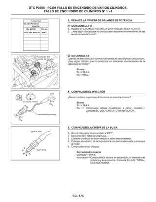 3. REALICE LA PRUEBA DE BALANCE DE POTENCIA
CON CONSULT-II
4. COMPRUEBE EL INYECTOR
5. COMPRUEBE LA CHISPA DE LA BUJIA
1. Realice el “BALANCE POTENCIA” en el modo de “TEST ACTIVO”.
2. ¿Hay algún cilindro que no produzca un descenso momentáneo de las
revoluciones del motor?
1. Gire el interruptor de encendido a “OFF”.
2. Desconecte el cable de una bujía.
3. Conecte una bujía en buen estado al cable desconectado.
4. Coloque el extremo de la bujía contra una tierra adecuada y arranque
el motor.
5. Compruebe si hay chispas.
Sin CONSULT-II
Cuando se desconecta el conector del arnés de cada inyector uno por uno,
¿hay algún cilindro que no produzca un descenso momentáneo de la
velocidad del motor?
Sí >> IR A 4.
No >> IR A 7.
¿Hacen ruido los inyectores al funcionar en marcha mínima?
Sí >> IR A 5.
No >> Compruebe el(los) inyector(es) y el(los) circuito(s).
Consulte EC-255, “CIRCUITO del INYECTOR”.
Correcto>> IR A 6.
Incorrecto>>Compruebe la bobina de encendido, el transistor de
potencia y sus circuitos. Consulte EC-249, “SEÑAL
DE ENCENDIDO”.
Sí o no
Sí o no
Correcto o incorrecto
MONITOR
TEST ACTIVO
VEL MOTOR XXX rpm
XXX V
DTC P0300 - P0304 FALLO DE ENCENDIDO DE VARIOS CILINDROS,
FALLO DE ENCENDIDO DE CILINDROS Nº 1 - 4
BALANCE POTENCIA
SE FL AIRE MASA-B1
En marcha mínima
Herramienta adecuada
Conector del
arnés de inyector
EC- 174
 