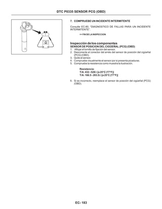 7. COMPRUEBE UN INCIDENTE INTERMITENTE
>> FIN DE LA INSPECCION
Inspección de los componentes
SENSOR DE POSICION DEL CIGÜEÑAL (PCG) (OBD)
1. Aflojar el tornillo de fijación del sensor.
2. Desconecte el conector del arnés del sensor de posición del cigüeñal
(PCG) (OBD).
3. Quite el sensor.
4. Compruebe visualmente el sensor por si presenta picaduras.
5. Compruebe la resistencia como muestra la ilustración.
6. Si es incorrecto, reemplace el sensor de posición del cigüeñal (PCG)
(OBD).
Consulte EC-80, “DIAGNOSTICO DE FALLAS PARA UN INCIDENTE
INTERMITENTE”.
Resistencia:
T/A: 432 - 528 [a 25°C (77°F)]
T/A: 166.5 - 203.5 [a 25°C (77°F)]
W
W
DTC P0335 SENSOR PCG (OBD)
EC- 183
 