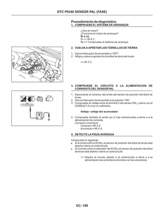 DTC P0340 SENSOR PAL (FASE)
Procedimiento de diagnóstico
1. COMPRUEBE EL SISTEMA DE ARRANQUE
2. VUELVA A APRETAR LOS TORNILLOS DE TIERRA
3. COMPRUEBE EL CIRCUITO A LA ALIMENTACION DE
CORRIENTE DEL SENSOR PAL
4. DETECTE LA PIEZA AVERIADA
¿Gira el motor?
¿Funciona el motor de arranque?
Sí >> IR A 2.
No >> Compruebe el sistema de arranque.
>> IR A 3.
Correcto o incorrecto
Correcto>>IR A 5.
Incorrecto>>IR A 4.
Compruebe lo siguiente.
Si el arnés entre el ECM y el sensor de posición del árbol de levas está
abierto o tiene un cortocircuito
Si el arnés entre el relevador del ECM y el sensor de posición del árbol
de levas está abierto o tiene un cortocircuito
Sí o no
Voltaje: voltaje del acumulador
1. Gire el interruptor de encendido a “OFF”.
2. Afloje y vuelva a apretar los tornillos de tierra del motor.
1. Desconecte el conector del arnés del sensor de posición del árbol de
levas.
2. Gire el interruptor de encendido a la posición “ON”.
3. Compruebe el voltaje entre la terminal 5 del sensor PAL y tierra con el
CONSULT-II o con un voltímetro.
4. Compruebe también el arnés por si hay cortocircuitos a tierra o a la
alimentación de corriente.
!
!
>> Repare el circuito abierto o el cortocircuito a tierra o a la
alimentación de corriente en el arnés o en los conectores.
EC- 188
 