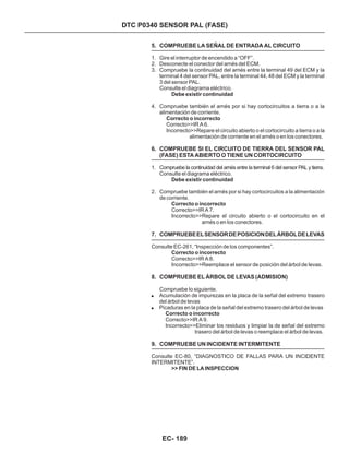 DTC P0340 SENSOR PAL (FASE)
5. COMPRUEBE LA SEÑAL DE ENTRADA AL CIRCUITO
6. COMPRUEBE SI EL CIRCUITO DE TIERRA DEL SENSOR PAL
(FASE) ESTA ABIERTO O TIENE UN CORTOCIRCUITO
7. COMPRUEBEELSENSORDEPOSICIONDELÁRBOLDELEVAS
8. COMPRUEBE EL ÁRBOL DE LEVAS (ADMISION)
9. COMPRUEBE UN INCIDENTE INTERMITENTE
1. Gire el interruptor de encendido a “OFF”.
2. Desconecte el conector del arnés del ECM.
3. Compruebe la continuidad del arnés entre la terminal 49 del ECM y la
terminal 4 del sensor PAL, entre la terminal 44, 48 del ECM y la terminal
3 del sensor PAL.
Consulte el diagrama eléctrico.
4. Compruebe también el arnés por si hay cortocircuitos a tierra o a la
alimentación de corriente.
1. Compruebe la continuidad del arnés entre la terminal 6 del sensor PAL y tierra.
Consulte el diagrama eléctrico.
2. Compruebe también el arnés por si hay cortocircuitos a la alimentación
de corriente.
Consulte EC-261, “Inspección de los componentes”.
Compruebe lo siguiente.
Correcto>>IR A 6.
Incorrecto>>Repare el circuito abierto o el cortocircuito a tierra o a la
alimentación de corriente en el arnés o en los conectores.
Correcto>>IR A 7.
Incorrecto>>Repare el circuito abierto o el cortocircuito en el
arnés o en los conectores.
Correcto>>IR A 8.
Incorrecto>>Reemplace el sensor de posición del árbol de levas.
Acumulación de impurezas en la placa de la señal del extremo trasero
del árbol de levas
Picaduras en la placa de la señal del extremo trasero del árbol de levas
Correcto>>IR A 9.
Incorrecto>>Eliminar los residuos y limpiar la de señal del extremo
trasero del árbol de levas o reemplace el árbol de levas.
Consulte EC-80, “DIAGNOSTICO DE FALLAS PARA UN INCIDENTE
INTERMITENTE”.
Debe existir continuidad
Correcto o incorrecto
Debe existir continuidad
Correcto o incorrecto
Correcto o incorrecto
Correcto o incorrecto
>> FIN DE LA INSPECCION
!
!
EC- 189
 
