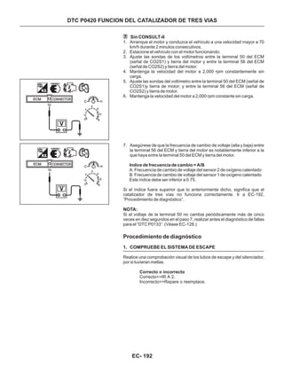 DTC P0420 FUNCION DEL CATALIZADOR DE TRES VIAS
Sin CONSULT-II
NOTA:
1. Arranque el motor y conduzca el vehículo a una velocidad mayor a 70
km/h durante 2 minutos consecutivos.
2. Estacione el vehículo con el motor funcionando.
3. Ajuste las sondas de los voltímetros entre la terminal 50 del ECM
(señal de CO2S1) y tierra del motor y entre la terminal 56 del ECM
(señal de CO2S2) y tierra del motor.
4. Mantenga la velocidad del motor a 2,000 rpm constantemente sin
carga.
5. Ajuste las sondas del voltímetro entre la terminal 50 del ECM (señal de
CO2S1)y tierra de motor; y entre la terminal 56 del ECM (señal de
CO2S2) y tierra de motor.
6. Mantenga la velocidad del motor a 2,000 rpm constante sin carga.
7. Asegúrese de que la frecuencia de cambio de voltaje (alta y baja) entre
la terminal 56 del ECM y tierra del motor es notablemente inferior a la
que haya entre la terminal 50 del ECM y tierra del motor.
Indice de frecuencia de cambio = A/B
A: Frecuencia de cambio de voltaje del sensor 2 de oxígeno calentado
B: Frecuencia de cambio de voltaje del sensor 1 de oxígeno calentado
Este índice debe ser inferior a 0.75.
Si el índice fuera superior que lo anteriormente dicho, significa que el
catalizador de tres vías no funciona correctamente. Ir a EC-192,
“Procedimiento de diagnóstico”.
Si el voltaje de la terminal 50 no cambia periódicamente más de cinco
veces en diez segundos en el paso 7, realizar antes el diagnóstico de fallas
para el “DTC P0133”. (Véase EC-128.)
Procedimiento de diagnóstico
1. COMPRUEBE EL SISTEMA DE ESCAPE
Correcto o incorrecto
Correcto>>IR A 2.
Incorrecto>>Repare o reemplace.
Realice una comprobación visual de los tubos de escape y del silenciador,
por si tuvieran mellas.
50
56
EC- 192
 