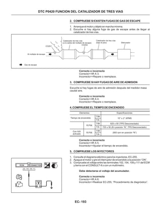 DTC P0420 FUNCION DEL CATALIZADOR DE TRES VIAS
2. COMPRUEBE SI EXISTEN FUGAS DE GAS DE ESCAPE
1. Arranque el motor y déjelo en marcha mínima.
2. Escuche si hay alguna fuga de gas de escape antes de llegar al
catalizador de tres vías.
Correcto>>IR A 3.
Incorrecto>>Repare o reemplace.
Correcto o incorrecto
3. COMPRUEBE SI HAY FUGAS DE AIRE DE ADMISION
4. COMPRUEBE EL TIEMPO DE ENCENDIDO
Escuche si hay fugas de aire de admisión después del medidor masa
caudal aire.
Correcto>>IR A 4.
Incorrecto>>Repare o reemplace.
Correcto o incorrecto
Elementos
Tiempo de encendido
Especificaciones
Correcto>>IR A 5.
Incorrecto>>Ajustar el tiempo de encendido.
Correcto>>IR A 6.
Incorrecto>>Realizar EC-255, “Procedimiento de diagnóstico”.
Correcto o incorrecto
Debe detectarse el voltaje del acumulador.
Correcto o incorrecto
5. COMPRUEBE LOS INYECTORES
1. Consulte el diagrama eléctrico para los inyectores, EC-255.
2. Apague el motor y gire el interruptor de encendido a la posición “ON”.
3. Compruebe el voltaje entre las terminales 102, 104, 109 y 111 del ECM
y tierra con el CONSULT-II o con un multímetro.
Gas de escape
Al múltiple de escape
CO2S1
Catalizador de tres vías
(a la salida del múltiple de escape)
Catalizador de tres vías
(bajo el piso)
CO2S2
Silenciador
102, 104, 109, 111
Con A/A
activado
R.P.M.
R.P.M.
T/M
T/M
T/M
T/A
T/A
T/A
10° ± 2° APMS
625 ± 50 (TPS Desconectado)
(900 rpm en posición “N”)
725 ± 50 (En posición “N”, TPS Desconectado)
EC- 193
 