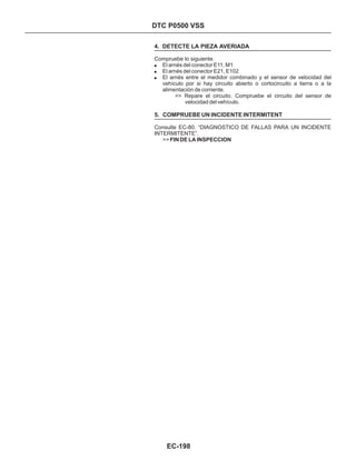 DTC P0500 VSS
4. DETECTE LA PIEZA AVERIADA
5. COMPRUEBE UN INCIDENTE INTERMITENT
Compruebe lo siguiente.
El arnés del conector E11, M1
El arnés del conector E21, E102
El arnés entre el medidor combinado y el sensor de velocidad del
vehículo por si hay circuito abierto o cortocircuito a tierra o a la
alimentación de corriente.
>>
!
!
!
FIN DE LA INSPECCION
>> Repare el circuito. Compruebe el circuito del sensor de
velocidad del vehículo.
Consulte EC-80. “DIAGNOSTICO DE FALLAS PARA UN INCIDENTE
INTERMITENTE”.
EC-198
 