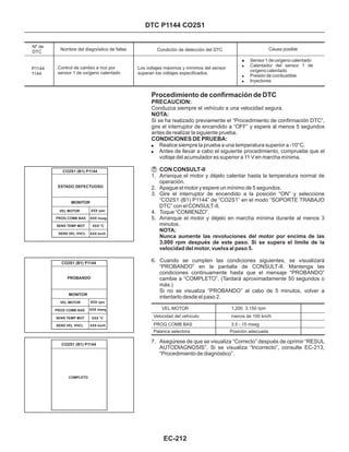 DTC P1144 CO2S1
Nº de
DTC
P1144
1144
Nombre del diagnóstico de fallas Condición de detección del DTC Causa posible
! Sensor 1 de oxígeno calentado
Calentador del sensor 1 de
oxígeno calentado
Presión de combustible
Inyectores
!
!
!
Control de cambio a rico por
sensor 1 de oxígeno calentado
Los voltajes máximos y mínimos del sensor
superan los voltajes especificados.
Procedimiento de confirmación de DTC
Conduzca siempre el vehículo a una velocidad segura.
Realice siempre la prueba a una temperatura superior a -10°C.
Antes de llevar a cabo el siguiente procedimiento, compruebe que el
voltaje del acumulador es superior a 11 V en marcha mínima.
!
!
1. Arranque el motor y déjelo calentar hasta la temperatura normal de
operación.
2. Apague el motor y espere un mínimo de 5 segundos.
3. Gire el interruptor de encendido a la posición “ON” y seleccione
“CO2S1 (B1) P1144” de “CO2S1” en el modo “SOPORTE TRABAJO
DTC” con el CONSULT-II.
4. Toque “COMIENZO”.
5. Arranque el motor y déjelo en marcha mínima durante al menos 3
minutos.
6. Cuando se cumplen las condiciones siguientes, se visualizará
“PROBANDO” en la pantalla de CONSULT-II. Mantenga las
condiciones continuamente hasta que el mensaje “PROBANDO”
cambie a “COMPLETO”. (Tardará aproximadamente 50 segundos o
más.)
Si no se visualiza “PROBANDO” al cabo de 5 minutos, volver a
intentarlo desde el paso 2.
CON CONSULT-II
NOTA:
Nunca aumente las revoluciones del motor por encima de las
3,000 rpm después de este paso. Si se supera el límite de la
velocidad del motor, vuelva al paso 5.
PRECAUCION:
NOTA:
CONDICIONES DE PRUEBA:
Si se ha realizado previamente el “Procedimiento de confirmación DTC”,
gire el interruptor de encendido a “OFF” y espere al menos 5 segundos
antes de realizar la siguiente prueba.
MONITOR
CO2S1 (B1) P1144
VEL MOTOR XXX rpm
MONITOR
CO2S1 (B1) P1144
CO2S1 (B1) P1144
VEL MOTOR XXX rpm
COMPLETO
VEL MOTOR
Velocidad del vehículo
PROG COMB BAS
Palanca selectora
1,200 3,150 rpm
3.5 - 15 mseg
Posición adecuada
menos de 100 km/h
7. Asegúrese de que se visualiza “Correcto” después de oprimir “RESUL
AUTODIAGNOSIS”. Si se visualiza “Incorrecto”, consulte EC-213,
“Procedimiento de diagnóstico”.
ESTADO DEFECTUOSO
PROG COMB BAS
SENS TEMP MOT
SENS VEL VHCL
XXX mseg
XXX °C
XXX km/h
PROBANDO
PROG COMB BAS
SENS TEMP MOT
SENS VEL VHCL
XXX mseg
XXX °C
XXX km/h
EC-212
 