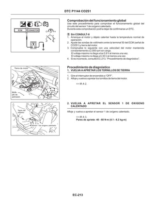 Tierra de motor
Múlti-
ple de
admisión
DTC P1144 CO2S1
Comprobación del funcionamiento global
Procedimiento de diagnóstico
1. Arranque el motor y déjelo calentar hasta la temperatura normal de
operación.
2. Ajuste las sondas de voltímetro entre la terminal 50 del ECM (señal de
CO2S1) y tierra del motor.
3. Compruebe lo siguiente con una velocidad del motor mantenida
constantemente a 2,000 rpm sin carga.
El voltaje máximo no llega a los 0.8 V al menos una vez.
El voltaje máximo no llega a 0.35 V al menos una vez.
4. Si es incorrecto, consulte EC-213, “Procedimiento de diagnóstico”.
1. Gire el interruptor de encendido a “OFF”.
2. Afloje y vuelva a apretar los tornillos de tierra del motor.
Sin CONSULT-II
1. VUELVA A APRETAR LOS TORNILLOS DE TIERRA
2. VUELVA A APRETAR EL SENSOR 1 DE OXIGENO
CALENTADO
>> IR A 2.
Afloje y vuelva a apretar el sensor 1 de oxígeno calentado.
>> IR A 3.
Pares de apriete: 40 - 60 N·m (4.1 - 6.2 kg-m)
Use este procedimiento para comprobar el funcionamiento global del
circuito del sensor 1 de oxígeno calentado.
Durante esta comprobación podría dejar de confirmarse un DTC.
50
EC-213
Tapón del
radiador
Sensor 1 de oxígeno calentado
 