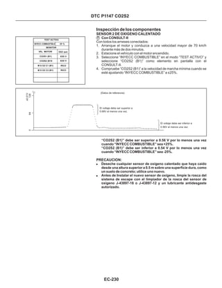 MONITOR
XXX rpm
Inspección de los componentes
Con CONSULT-II
Con todos los arneses conectados:
1. Arranque el motor y conduzca a una velocidad mayor de 70 km/h
durante más de dos minutos.
2. Estacione el vehículo con el motor encendido.
3. Seleccione “INYECC COMBUSTIBLE” en el modo “TEST ACTIVO” y
seleccione “CO2S2 (B1)” como elemento en pantalla con el
CONSULT-II.
4. Compruebe “CO2S2 (B1)” a la velocidad de marcha mínima cuando se
esté ajustando “INYECC COMBUSTIBLE” a ±25%.
SENSOR 2 DE OXIGENO CALENTADO
“CO2S2 (B1)” debe ser superior a 0.56 V por lo menos una vez
cuando “INYECC COMBUSTIBLE” sea +25%.
“CO2S2 (B1)” debe ser inferior a 0.54 V por lo menos una vez
cuando “INYECC COMBUSTIBLE” sea -25%.
!
!
Deseche cualquier sensor de oxígeno calentado que haya caído
desde una altura superior a 0.5 m sobre una superficie dura, como
un suelo de concreto; utilice uno nuevo.
Antes de Instalar el nuevo sensor de oxígeno, limpie la rosca del
sistema de escape con el limpiador de la rosca del sensor de
oxígeno J-43897-18 o J-43897-12 y un lubricante antidesgaste
autorizado.
PRECAUCION:
DTC P1147 CO2S2
EC-230
TEST ACTIVO
INYECC COMBUSTIBLE 25 %
VEL MOTOR
CO2S1 (B1)
CO2S2 (B19
M S O2 C1 (B1)
M S O2 C2 (B1)
XXX V
XXX V
RICO
RICO
064128
x0,01V
(Datos de referencia)
El voltaje debe ser superior a
0.68V al menos una vez.
El voltaje debe ser inferior a
0.56V al menos una vez.
 