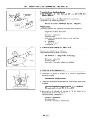 Procedimiento de diagnóstico
1. COMPRUEBE SI HAY FUGAS EN EL SISTEMA DE
ENFRIAMIENTO
2. COMPRUEBE EL TAPON DEL RADIADOR
3. COMPRUEBE EL TERMOSTATO
Aplique presión al sistema de refrigeración con un probador y
compruebe si hay una caída de presión.
Una presión más alta que la especificada puede dañar el radiador.
Correcto>>IR A 2.
Incorrecto>>Compruebe lo siguiente por si hay fugas
Manguera
Radiador
Bomba de agua
Consulte LE-11.
Aplicar presión al tapón con un probador.
Presión de descarga del tapón del radiador:
Correcto>>IR A 3.
Incorrecto>>Reemplace el tapón del radiador.
Correcto>>IR A 4.
Incorrecto>>Reemplace el termostato.
Presión de prueba: 157 kPa (23 lb/pulg², 1.6 kg/cm² )
La presión no debe descender.
Correcto o incorrecto
78 - 98 kPa (0.8 - 1.0 kg/cm ,11 - 14 lb/pulg )
Correcto o incorrecto
Debe asentar herméticamente.
Temperatura de apertura de la válvula: 76.5°C (estándar)
Elevación de la válvula: Más de 8 mm/90°C
Correcto o incorrecto
!
!
!
2 2
1. Compruebe el estado de asiento de la válvula a temperaturas
ambiente normales.
2. Compruebe la temperatura de apertura de la válvula y la elevación de
la válvula.
3. Compruebe si la válvula está cerrada a 5°C por debajo de la
temperatura de apertura de la válvula.
Para más detalles, consulte LE-12.
PRECAUCION:
EC-233
Adaptador de
manguera
17650301
(J33984-A)
EG
17650301EG
(J33984-A)
DTC P1217 SOBRECALENTAMIENTO DEL MOTOR
 