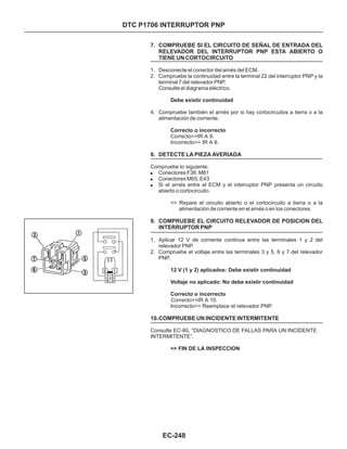 7. COMPRUEBE SI EL CIRCUITO DE SEÑAL DE ENTRADA DEL
RELEVADOR DEL INTERRUPTOR PNP ESTA ABIERTO O
TIENE UN CORTOCIRCUITO
8. DETECTE LA PIEZA AVERIADA
9. COMPRUEBE EL CIRCUITO RELEVADOR DE POSICION DEL
INTERRUPTOR PNP
10.COMPRUEBE UN INCIDENTE INTERMITENTE
1. Desconecte el conector del arnés del ECM.
2. Compruebe la continuidad entre la terminal 22 del interruptor PNP y la
terminal 7 del relevador PNP.
Consulte el diagrama eléctrico.
4. Compruebe también el arnés por si hay cortocircuitos a tierra o a la
alimentación de corriente.
1. Aplicar 12 V de corriente continua entre las terminales 1 y 2 del
relevador PNP.
2. Compruebe el voltaje entre las terminales 3 y 5, 6 y 7 del relevador
PNP.
!
!
!
Conectores F36, M81
Conectores M65, E43
Si el arnés entre el ECM y el interruptor PNP presenta un circuito
abierto o cortocircuito.
Correcto>>IR A 9.
Incorrecto>> IR A 8.
Compruebe lo siguiente.
>> Repare el circuito abierto o el cortocircuito a tierra o a la
alimentación de corriente en el arnés o en los conectores.
Correcto>>IR A 10.
Incorrecto>> Reemplace el relevador PNP.
Consulte EC-80, “DIAGNOSTICO DE FALLAS PARA UN INCIDENTE
INTERMITENTE”.
Debe existir continuidad
Correcto o incorrecto
12 V (1 y 2) aplicados: Debe existir continuidad
Voltaje no aplicado: No debe existir continuidad
Correcto o incorrecto
>> FIN DE LA INSPECCION
EC-248
DTC P1706 INTERRUPTOR PNP
 