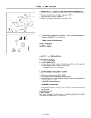 EC-253
SEÑAL DE ENCENDIDO
4. COMPRUEBE EL CIRCUITO DE ALIMENTACIÓN DE CORRIENTE
Voltaje: voltaje del acumulador
5. DETECTE LA PIEZA AVERIADA
6. COMPRUEBE EL CIRCUITO DE TIERRA
Debe existir continuidad
1. Gire el interruptor de encendido a la posición “OFF”.
2. Diesconecte el arnés del distribuidor.
3. Gire el interruptor de encendido a la posición “ON”.
4. Compruebe el voltaje entre la terminal 7 de la bobina de encendido y
tierra con CONSULT-II o un multímetro.
Correcto>>IR A 6.
Incorrecto>>IR A 5.
Compruebe lo siguiente.
>> Repare el arnés o los conectores.
1. Gire el interruptor de encendido a “OFF”.
2. Desconecte el conector del arnés del distribuidor.
3. Compruebe la continuidad del arnés entre la terminal 2 del transistor de
potencia y tierra de motor.
Consulte el diagrama eléctrico.
4. Compruebe también el arnés por si hay cortocircuitos a la alimentación
de corriente.
Correcto>>IR A 7.
Incorrecto>>Repare el circuito abierto o el cortocircuito a la alimentación
de corriente en el arnés o en los conectores.
Correcto o incorrecto
Correcto o incorrecto
l
l
l
Conectores E43, M65
Conectores M59, F27
Compruebe si el arnés entre la bobina de encendido y el interruptor de
encendido está abierto o tiene un cortocircuito.
Distribuidor
Resistencia
Frente del vehículo
 