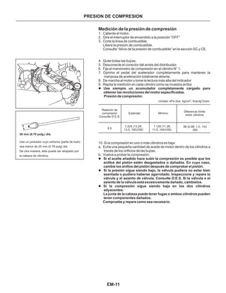 EM-11
PRESION DE COMPRESION
Medición de la presión de compresión
1. Caliente el motor.
2. Gire el interruptor de encendido a la posición “OFF”
3. Corte la linea de combustible.
4. Quite todas las bujías.
5. Desconecte el conector del arnés del distribuidor.
6. Fije el manómetro de compresión en el cilindro N° 1.
7. Oprima el pedal del acelerador completamente para mantener la
mariposa de aceleración totalmente abierta.
8. De marcha al motor y tome la lectura más alta del indicador
9. Repita la medición en cada cilindro como se muestra arriba
l Use siempre un acumulador completamente cargado para
obtener las revoluciones del motor especificadas.
Libere la presión de combustible.
ConsuIte “Alivio de la presión de combustibIe” en la sección SC y CE.
Presión de compresión:
10. Si la compresión en uno o más cilindros es baja:
a. Eche una pequeña cantidad de aceite de motor dentro de los cilindros a
través de los orificios de las bujías.
b. Vuelva a probar la compresión.
l
l
l
Si el aceite añadido hace subir la compresión es posible que los
anillos del pistón estén desgastados o dañados. En cuyo caso,
cambie los anillos del pistón después de comprobar el pistón.
Si la presión sigue siendo bajo, la válvula pudiera no estar bien
asentada o pudiera haberse agarrotado. Inspeccione y repare la
válvula y el asiento de válvula. Consulte D.E.S. Si la válvula o el
asiento de la válvula está excesivamente dañado, cámbielos.
Si la compresión sigue siendo baja en los dos cilindros
adyacentes:
La junta de la cabeza puede tener fugas o ambos cilindros pueden
tener componentes dañados.
Compruebe y repare como sea necesario.
Use un probador cuyo extremo (parte de hule)
sea menor de 20 mm (0.79 pulg) diá.
De otra manera, éste puede ser atrapado por
la cabeza de cilindros.
20 mm (0.79 pulg.) diá.
98 (0.98, 1.0, 14)/
350
Unidad: kPa (bar, kg/cm , lb/pulg )/rpm2 2
Relación de
compresión
Consulte D.E.S.
9.5
Estándar
1,324 (13.24,
13.5, 192)/350
Mínimo
Diferencia límite
entre cilindros
1,128 (11.28,
11.5, 164)/350.
 