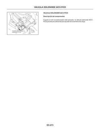Conector de la válvula
solenoide F.I.C.D.
EC-273
VALVULA SOLENOIDE IACV-FICD
Descripción de componentes
Cuando el aire acondicionado está activado, la válvula solenoide IACV-
FICD proveé aire adicional para ajustar el incremento de carga.
VALVULA SOLENOIDE IACV-FICD
 