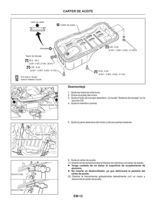 EM-12
CARTER DE ACEITE
Desmonteje
1. Quite las tuberías inferiores.
2. Drene el aceite del motor.
3. Quite el tubo de escape delantero. Consulte “Sistema de escape” en la
sección CE.
4. Quite el miembro central.
5. Quite la parte delantera del motor y las escuadras traseras.
6. Quite el cárter de aceite.
(1) Inserte la herramienta entre el bloque de cilindros y el cárter de aceite.
(2) Deslice la herramienta golpeándola lateralmente con un mazo y
desmonte el cárter de aceite.
l
l
Tenga cuidado de no dañar la superficie de acoplamiento de
aluminio.
No inserte un destornillador, ya que deformará la pestaña del
cárter de aceite.
Lado de cárter
Cárter de aceite
6.28 - 8.34
(0.641 - 0.851, 4.632 - 6.152)
6.28 - 8.34
(0.641 - 0.851, 4.632 - 6.152)
Arandela
Tapón de drenaje
29.4 - 39.2
(3.00 - 4.00, 21.69 - 28.91)
6.28 - 8.34
(0.641 - 0.851, 4.632 - 6.152)
N m (kg-m, lb-pie)
Aplicar sellador líquido.
.:
:
Miembro central
Tapón de drenaje
Placa trasera inferior del motor
Escuadra
KV10111100
KV10111100
 