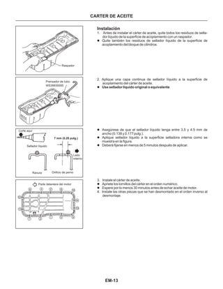 EM-13
CARTER DE ACEITE
Instalación
1. Antes de instalar el cárter de aceite, quite todos los residuos de sella-
dor líquido de la superficie de acoplamiento con un raspador.
2. Aplique una capa continua de sellador líquido a la superficie de
acoplamiento del cárter de aceite.
4. Instale las otras piezas que se han desmontado en el orden inverso al
desmontaje.
l
l
l
l
l
l
l
Quite también los residuos de sellador líquido de la superficie de
acoplamiento del bloque de cilindros.
Asegúrese de que el sellador líquido tenga entre 3.5 y 4.5 mm de
ancho (0.138 y 0.177 pulg.).
Aplique sellador líquido a la superficie selladora interna como se
muestra en la figura.
Deberá fijarse en menos de 5 minutos después de aplicar.
3. Instale el cárter de aceite.
Apriete los tornillos del cárter en el orden numérico.
Espere por lo menos 30 minutos antes de echar aceite de motor.
Use sellador líquido original o equivalente
Raspador
Prensador de tubo
WS39930000
Corte aquí
Sellador líquido
7 mm (0.28 pulg.)
Ranura Orificio de perno
Lado
interno
Parte delantera del motor
1
2
3
4
5
6
7
8
9
10
11
12
13
14
 