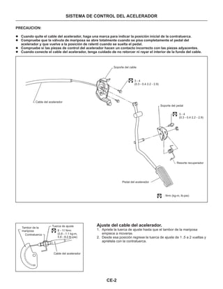 SISTEMA DE CONTROL DEL ACELERADOR
CE-2
PRECAUCION:
l
l
l
l
Cuando quite el cable del acelerador, haga una marca para indicar la posición inicial de la contratuerca.
Compruebe que la válvula de mariposa se abre totalmente cuando se pisa completamente el pedal del
acelerador y que vuelve a la posición de ralentí cuando se suelta el pedal.
Compruebe si las piezas de control del acelerador hacen un contacto incorrecto con las piezas adyacentes.
Cuando conecte el cable del acelerador, tenga cuidado de no retorcer ni rayar el interior de la funda del cable.
Cable del acelerador
Soporte del cable
Soporte del pedal
3 - 4
(0.3 - 0.4 2.2 - 2.9)
3 - 4
(0.3 - 0.4 2.2 - 2.9)
Resorte recuperador
Pedal del acelerador
: N•m (kg-m, lb-pie)
Tambor de la
mariposa
Contratuerca
Tuerca de ajuste
Cable del acelerador
8 - 11 N•m
(0.8 - 1.1 kg-m,
5.8 - 8.0 lb-pie)
Ajuste del cable del acelerador.
1. Apriete la tuerca de ajuste hasta que el tambor de la mariposa
empiece a moverse.
2. Desde esa posición regrese la tuerca de ajuste de 1 .5 a 2 vueltas y
apriétela con la contratuerca.
 