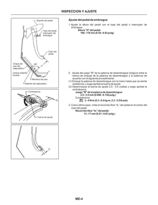 INSPECCION Y AJUSTE
Ajuste del pedal de embrague
1. Ajuste la altura del pedal con el tope del pedal o interruptor de
embrague.
2. Ajuste del juego "B" de la palanca de desembrague (holgura entre la
tuerca de empuje de la palanca de desembrague y la palanca) de
acuerdo con el siguiente procedimiento:
(1) Empuje la palanca de desembrague con la mano hasta que se sienta
resistencia, y luego apriete la tuerca de ajuste.
(2) Desenrosque la tuerca de ajuste 2.5 - 3.5 vueltas y luego apriete la
contratuerca.
Contratuerca:
3. Como último paso, mida el recorrido libre “A ” del pedal en el centro del
cojín del pedal.
Altura "H" del pedal:
166 - 176 mm (6.54 - 6.93 pulg)
Juego "B" de la palanca de desembrague:
2.5 - 3.5 mm (0.098 - 0.138 pulg.)
: 3 - 4 N m (0.3 - 0.4 kg-m, 2.2 - 2.9 Ib-pie)
Recorrido libre "A " del pedal:
13 - 17 mm (0.51 - 0.67 pulg.)
2
2
•
Soporte del pedal
Tope del pedal
interruptor del
embrague
Cojín del
pedal
Chapa del
piso del
salpicadero
Lámina aislante
fundida
Alfombra del piso
Aislante del salpicadero
Contratuerca
Tuerca de ajuste
A2
B
H
90º
ME-4
 