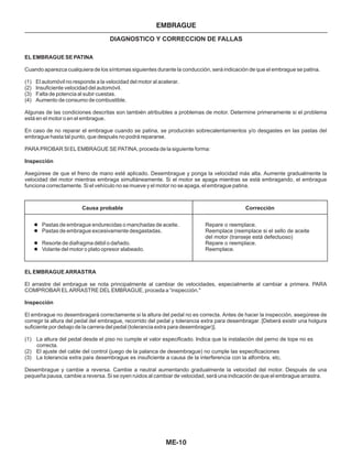 ME-10
EMBRAGUE
DIAGNOSTICO Y CORRECCION DE FALLAS
EL EMBRAGUE SE PATINA
Inspección
Cuando aparezca cualquiera de los síntomas siguientes durante la conducción, será indicación de que el embrague se patina.
(1) El automóvil no responde a la velocidad del motor al acelerar.
(2) Insuficiente velocidad del automóvil.
(3) Falta de potencia al subir cuestas.
(4) Aumento de consumo de combustible.
Algunas de las condiciones descritas son también atribuibles a problemas de motor. Determine primeramente si el problema
está en el motor o en el embrague.
En caso de no reparar el embrague cuando se patina, se producirán sobrecalentamientos y/o desgastes en las pastas del
embrague hasta tal punto, que después no podrá repararse.
PARA PROBAR Sl EL EMBRAGUE SE PATINA, proceda de la siguiente forma:
Asegúrese de que el freno de mano esté aplicado. Desembrague y ponga la velocidad más alta. Aumente gradualmente la
velocidad del motor mientras embraga simultáneamente. Si el motor se apaga mientras se está embragando, el embrague
funciona correctamente. Si el vehículo no se mueve y el motor no se apaga, el embrague patina.
EL EMBRAGUE ARRASTRA
Inspección
El arrastre del embrague se nota principalmente al cambiar de velocidades, especialmente al cambiar a primera. PARA
COMPROBAR EL ARRASTRE DEL EMBRAGUE, proceda a “inspección."
El embrague no desembragará correctamente si la altura del pedal no es correcta. Antes de hacer la inspección, asegúrese de
corregir la altura del pedal del embrague, recorrido del pedal y tolerancia extra para desembragar. [Deberá existir una holgura
suficiente por debajo de la carrera del pedal (tolerancia extra para desembragar)].
(1) La altura del pedal desde el piso no cumple el valor especificado. Indica que la instalación del perno de tope no es
correcta.
(2) El ajuste del cable del control (juego de la palanca de desembrague) no cumple las especificaciones
(3) La tolerancia extra para desembrague es insuficiente a causa de la interferencia con la alfombra, etc.
Desembrague y cambie a reversa. Cambie a neutral aumentando gradualmente la velocidad del motor. Después de una
pequeña pausa, cambie a reversa. Si se oyen ruidos al cambiar de velocidad, será una indicación de que el embrague arrastra.
CorrecciónCausa probable
l
l
l
l
Pastas de embrague endurecidas o manchadas de aceite.
Pastas de embrague excesivamente desgastadas.
Resorte de diafragma débil o dañado.
Volante del motor o plato opresor alabeado.
Repare o reemplace.
Reemplace (reemplace si el sello de aceite
del motor (transeje está defectuoso)
Repare o reemplace.
Reemplace.
 