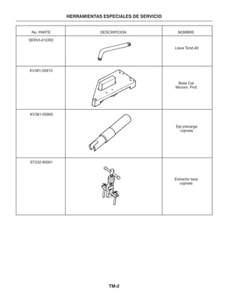 TM-2
HERRAMIENTAS ESPECIALES DE SERVICIO
No. PARTE DESCRIPCION NOMBRE
SERVI-41CRD
KV381-05810
KV381-05900
ST332-90001
Llave Torxt-40
Base Cal.
Microm. Prof.
Eje precarga
cojinete
Extractor taza
cojinete
 