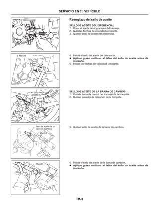 TM-3
SERVICIO EN EL VEHÍCULO
Reemplazo del sello de aceite
SELLO DE ACEITE DEL DIFERENCIAL
Aplique grasa multiuso al labio del sello de aceite antes de
instalarlo.
SELLO DE ACEITE DE LA BARRA DE CAMBIOS
Aplique grasa multiuso al labio del sello de aceite antes de
instalarlo.
1. Drene el aceite de engranajes del transeje.
2. Quite las flechas de velocidad constante.
3. Quite el sello de aceite del diferencial.
4. Instale el sello de aceite del diferencial.
5. Instale las flechas de velocidad constante.
1. Quite la barra de control del transeje de la horquilla.
2. Quite el pasador de retención de la horquilla.
3. Quite el sello de aceite de la barra de cambios.
4. Instale el sello de aceite de la barra de cambios.
l
l
Mandril
Mandril
Mandril
Sello de aceite de la
barra de cambios
KV32101000
(J25689-A)
 