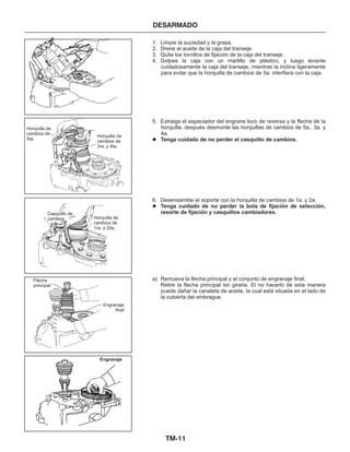 TM-11
DESARMADO
1. Limpie la suciedad y la grasa.
2. Drene el aceite de la caja del transeje.
3. Quite los tornillos de fijación de la caja del transeje.
4. Golpee la caja con un martillo de plástico, y luego levante
cuidadosamente la caja del transeje, mientras la inclina ligeramente
para evitar que la horquilla de cambios de 5a. interfiera con la caja.
5. Extraiga el espaciador del engrane loco de reversa y la flecha de la
horquilla, después desmonte las horquillas de cambios de 5a., 3a. y
4a.
6. Desensamble el soporte con la horquilla de cambios de 1a. y 2a.
a) Remueva la flecha principal y el conjunto de engranaje final.
Retire la flecha principal sin girarla. El no hacerlo de esta manera
puede dañar la canaleta de aceite, la cual está situada en el lado de
la cubierta del embrague.
Tenga cuidado de no perder el casquillo de cambios.
Tenga cuidado de no perder la bola de fijación de selección,
resorte de fijación y casquillos cambiadores.
l
l
Horquilla de
cambios de
5ta.
Horquilla de
cambios de
3ra. y 4ta.
Casquillo de
cambios Horquilla de
cambios de
1ra. y 2da.
Flecha
principal
Engranaje
final
Engranaje
 