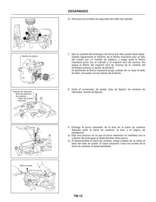 TM-12
DESARMADO
b) Remueva los tornillos de seguridad del retén del cojinete.
7. Gire la cubierta del embrague de forma que ésta quede hacia abajo.
Golpee ligeramente el extremo de la flecha impulsora (por el lado
del motor) con un martillo de plástico, y luego quite la flecha
impulsora junto con el cojinete y el engrane loco de reversa. No
saque la flecha del engrane loco de reversa de la cubierta del
embrague porque su ajuste se perderá.
Al desmontar la flecha impulsora tenga cuidado de no rayar el
labio de aceite con las estrías de la flecha.
8. Quite el contenedor de aceite, bola de fijación de cambios de
velocidad, resorte de fijación.
9. Extraiga el perno retenedor de la leva de la barra de cambios
después quite la barra de cambios, la leva y el seguro de
interfijación.
a) Elija una posición en la que el perno retenedor no interfiera con la
cubierta del embrague al desensamblar dicho perno.
b) Al desensamblar la barra de cambios, tenga cuidado de no dañar el
labio del sello de aceite. Si fuera necesario cubra los bordes de la
barra de cambios al desensamblarla.
sello
de
Sello de aceite
Resorte de retención
Bola de retención
de cambios
Tapón de la bola
retención
Martillo de plástico
 