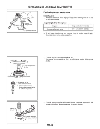 TM-14
REPARACIÓN DE LAS PIEZAS COMPONENTES
Flecha impulsora y engranes
DESARMADO
Juego longitudinal del engrane
1. Antes de desarmar, mida el juego longitudinal del engrane de 5a. de
la flecha impulsora.
2. Quite el seguro circular y el tope de 5a.
Extraiga el sincronizador de 5a. y el cojinete de agujas del engrane
de 5a.
3. Quite el seguro circular del cojinete frontal y retire el espaciador del
engrane impulsor. No vuelva a usar el seguro circular.
l Si el juego longitudinal no cumple con el límite especificado,
desensamble y revise todas las partes.
Engrane
Engrane de 5a. de la flecha
Juego longitudinal mm (pulg)
0.18 - 0.31 (0.0071 - 0.0122)
Hoja del
calibrador
Engrane
Juego
longitudinal
Cojinete de agujas
Cubo sincronizador
de 5ta.
Engranaje de 5a.
de la flecha impulsora
Colocar la herramienta
debajo del engranaje de 5a.
de la flecha impulsora
Seguro
circular
Cojinete delantero
de la flecha impulsora
 
