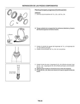 TM-20
REPARACIÓN DE LAS PIEZAS COMPONENTES
Flecha principal y engranes (Continuación)
ARMADO
1. Arme los sincronizadores de 1a. y 2a. y de 3a. y 4a.
2. Instale el cojinete de agujas del engranaje de 1a. y el engranaje de
1a. de la flecha principal.
3. Instale el sincronizador de 1a. y 2a. con una prensa.
4. Instale la bola de acero, engranaje de 2a. de la flecha principal, buje
de 2a. y 3a., engranaje de 3a. de la flecha principal y sincronizador
de 3a. y 4a.
Tenga cuidado de no enganchar los extremos delantero y trasero
del resorte expansor al mismo inserto.
Aplique grasa multiuso a la bola de acero antes de instalarla.
El buje de 2a. y 3a. tiene una ranura en la que se ajusta la bola de
acero.
l
l
l
Resorte
Insertar
Sincronizador
de 3ra. y 4ta.
 