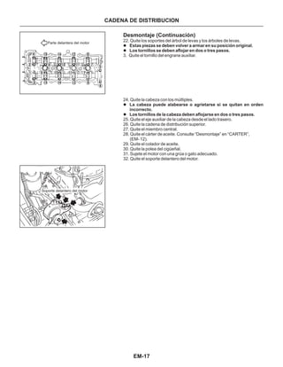 EM-17
Soporte delantero del motor
Parte delantera del motor
Desmontaje (Continuación)
22. Quite los soportes del árbol de levas y los árboles de levas.
3. Quite el tornillo del engrane auxiliar.
24. Quite la cabeza con los múItiples.
25. Quite el eje auxiliar de la cabeza desde el lado trasero.
26. Quite la cadena de distribución superior.
27. Quite el miembro central.
28. Quite el cárter de aceite. Consulte “Desmontaje” en “CARTER”,
(EM- 12).
29. Quite el colador de aceite.
30. Quite la polea del cigüeñal.
31. Sujete el motor con una grúa o gato adecuado.
32. Quite el soporte delantero del motor.
l
l
l
l
Estas piezas se deben volver a armar en su posición original.
Los tornillos se deben aflojar en dos o tres pasos.
La cabeza puede alabearse o agrietarse si se quitan en orden
incorrecto.
Los tornillos de la cabeza deben aflojarse en dos o tres pasos.
CADENA DE DISTRIBUCION
 