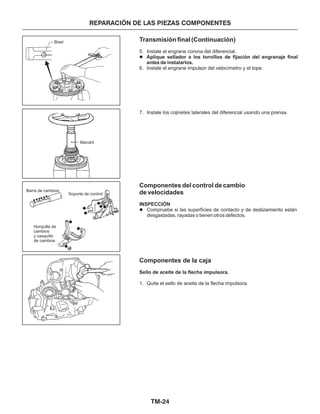TM-24
REPARACIÓN DE LAS PIEZAS COMPONENTES
Transmisión final (Continuación)
Componentes del control de cambio
de velocidades
Componentes de la caja
5. Instale el engrane corona del diferencial.
6. Instale el engrane impulsor del velocímetro y el tope.
7. Instale los cojinetes laterales del diferencial usando una prensa.
1. Quite el sello de aceite de la flecha impulsora.
Aplique sellador a los tornillos de fijación del engranaje final
antes de instalarlos.
INSPECCIÓN
Sello de aceite de la flecha impulsora.
l
l Compruebe si las superficies de contacto y de deslizamiento están
desgastadas, rayadas o tienen otros defectos.
Bisel
Barra de cambios
Mandril
Soporte de control
Horquilla de
cambios
y casquillo
de cambios
 
